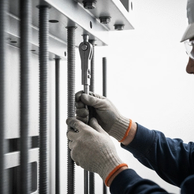 Close-up of a worker installing threaded rods in an industrial setting, focused on safety