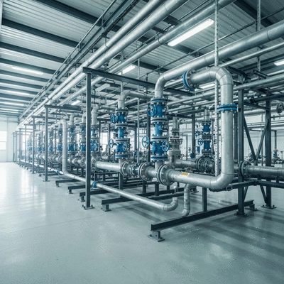 Industrial piping support system with various pipes and fittings in a factory setting