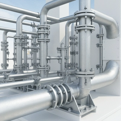 Close-up of industrial pipe supports and clamps in a clean, well-maintained environment