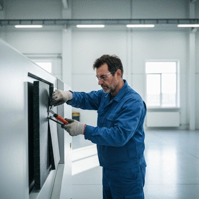 Industrial worker installing soundproofing materials in a factory setting
