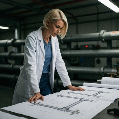 Engineer reviewing blueprints for pipe support installation