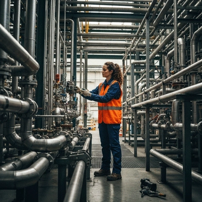 Engineer inspecting custom-made pipe supports in an industrial setting