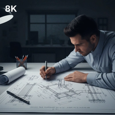 Engineer analyzing blueprints with calculations for pipe support structures