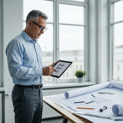 Engineer reviewing pipe support design on a tablet