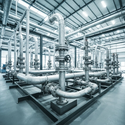 Industrial piping system with various supports and valves in a modern factory setting