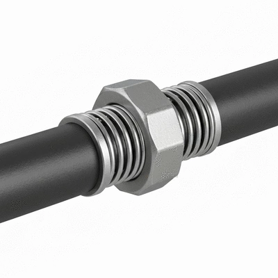Close-up of a spring nut installed on a pipe, showing its design for vibration and thermal expansion compensation, no text, no words, no typography, 8K