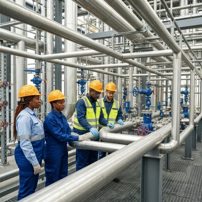 Team of engineers inspecting industrial pipelines for maintenance