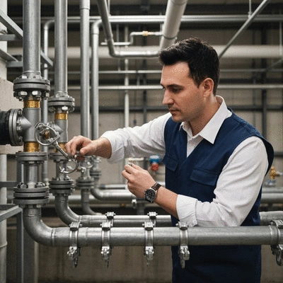 Engineer inspecting plumbing system with various pipe clamps