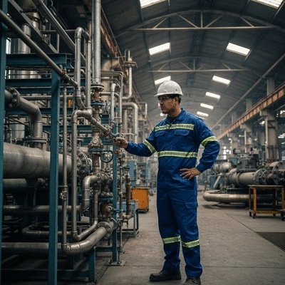 Engineer inspecting piping support console