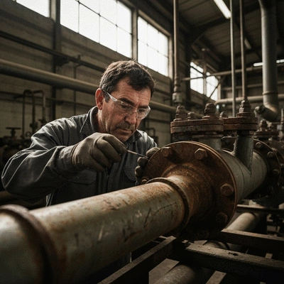 Worker inspecting corroded pipe fixings