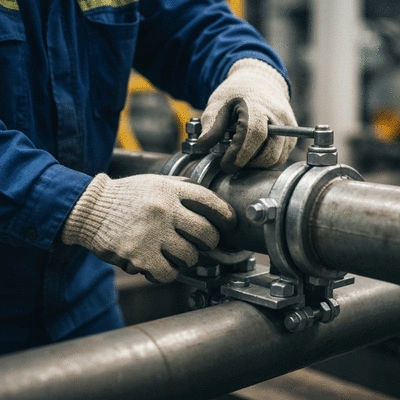 Close-up of a worker's hands in safety gloves, checking a pipe support clamp