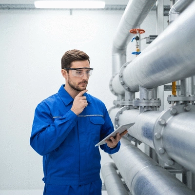 Engineer inspecting industrial pipes with a tablet