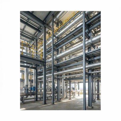 Modern industrial facility with complex pipe support systems