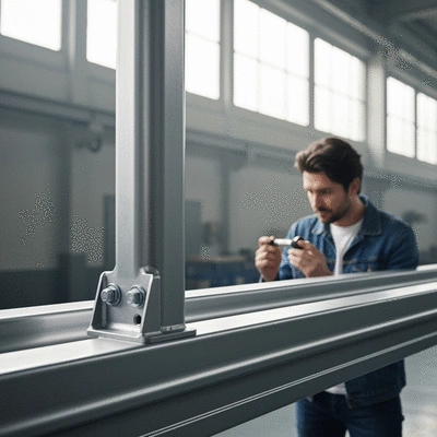 Gros plan sur un rail de supportage industriel propre et bien lubrifié, avec un technicien en arrière-plan effectuant une inspection, ambiance industrielle, lumière naturelle, no text, no words, no typography, no labels, clean image