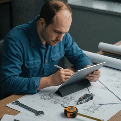 Ing&eacute;nieur utilisant une tablette pour calculer le dimensionnement de supports de tuyauterie, aucun texte