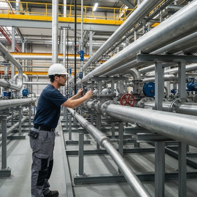 Engineer inspecting industrial pipes with supports