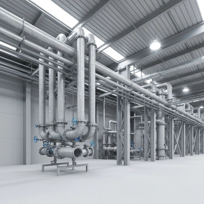Industrial pipes with supports in a factory setting