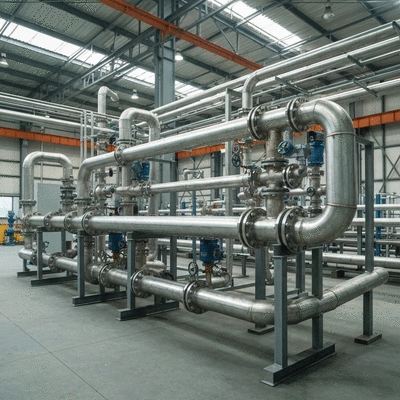 Industrial piping system with various supports and clamps