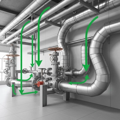 Industrial pipes with green arrows indicating maintenance flow