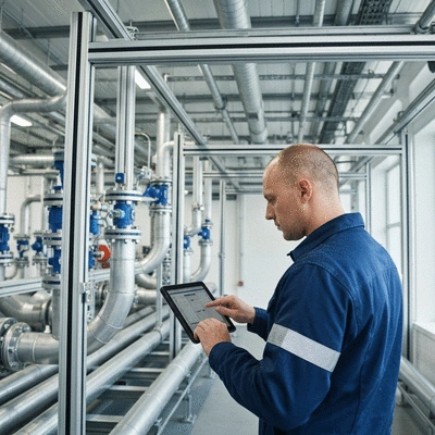 Engineer using a tablet to monitor an automated piping support system