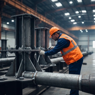 Engineer inspecting pipeline support brackets in a factory setting