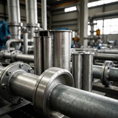 Close-up of various pipeline supports in an industrial setting