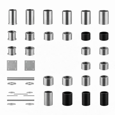 Various pipe support materials like stainless steel, galvanized steel, and plastic, arranged neatly