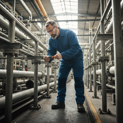Industrial worker inspecting pipe supports in a facility