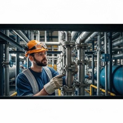 Engineer inspecting pipe support system