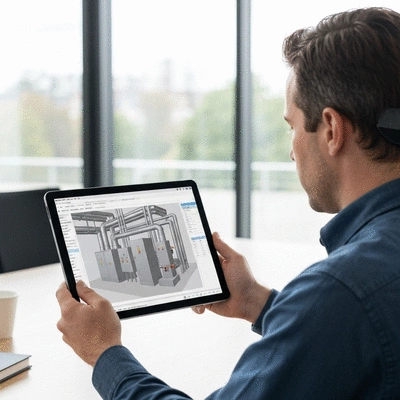 Ingénieur examinant les plans de conception BIM 3D d'un système CVC, sur une tablette, dans un environnement de salle de réunion moderne, pas de texte, pas de mots, pas de typographie, propre image