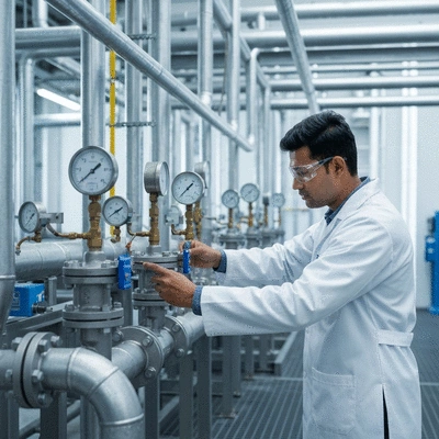 Engineer inspecting industrial piping system with gauges and valves