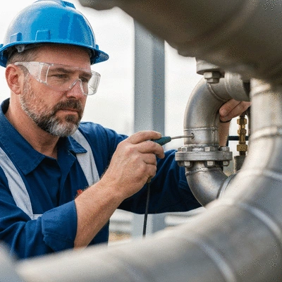 Technicien inspectant une tuyauterie dans un environnement industriel