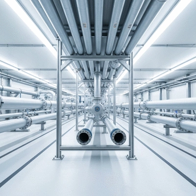 Industrial pipes with modern support systems in a clean factory environment