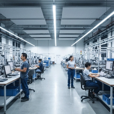 Industrial factory floor with soundproofing panels and happy workers