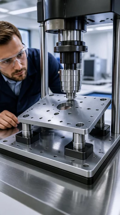 Industrial engineer conducting a stress test on a metal mounting plate in a lab