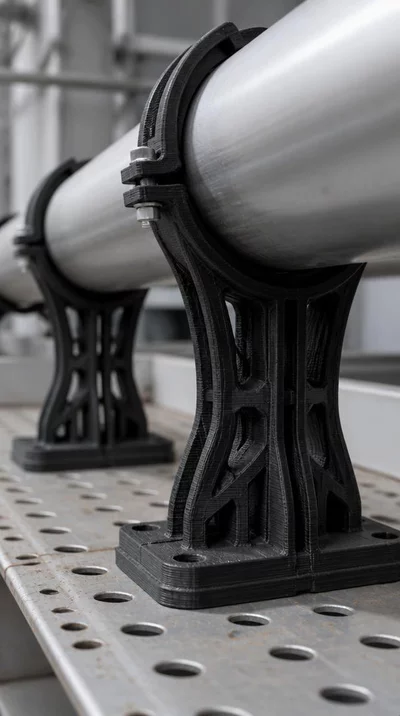 3D printed pipe supports in an industrial setting, showing intricate designs and precision