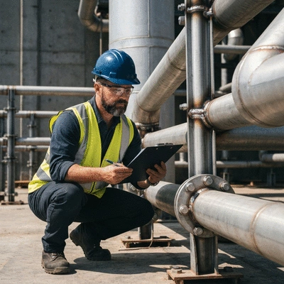 Industrial worker inspecting a custom piping support system on a construction site