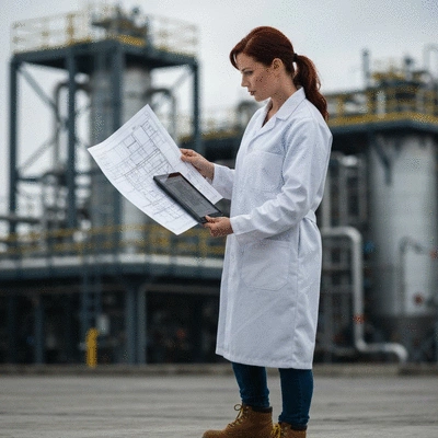 Engineer reviewing industrial piping plans