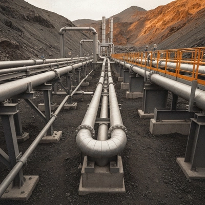 Industrial piping system with various supports in an extreme environment