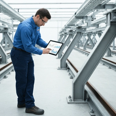 Un technicien utilisant une tablette pour documenter une inspection de rails de supportage industriels, avec des graphiques de maintenance à l'écran, ambiance propre et moderne, no text, no words, no typography, no labels, clean image