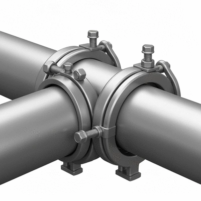 Close-up of pipe clamps and bolts securing a pipe to a support rail, no text, no words, no typography