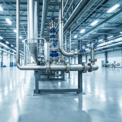 Industrial pipes with supports and valves in a modern factory setting