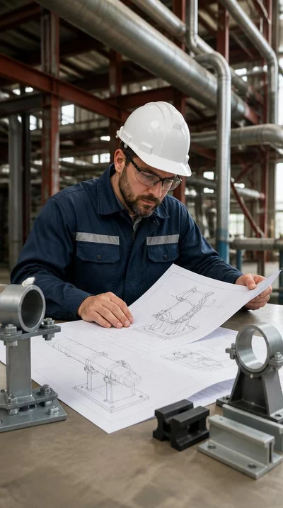 Engineer analyzing blueprints for pipe support materials