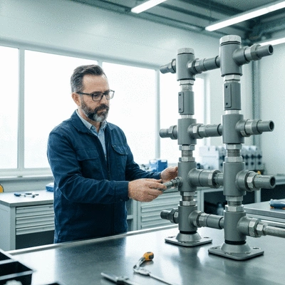 Engineer inspecting modular pipe support system in a clean industrial environment