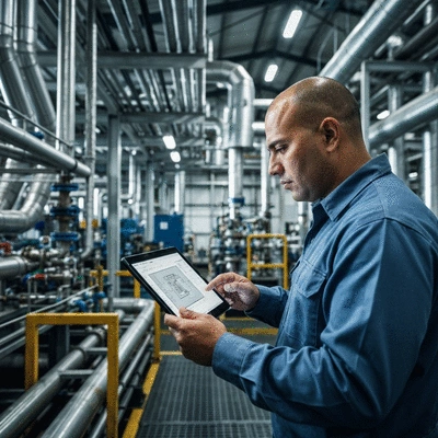 Industrial engineer reviewing digital plans on a tablet in a modern factory setting