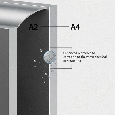 Deux blocs d'inox A2 et A4 étiquetés, avec des gouttelettes d'eau ou de produits chimiques sur l'A4 pour symboliser la résistance
