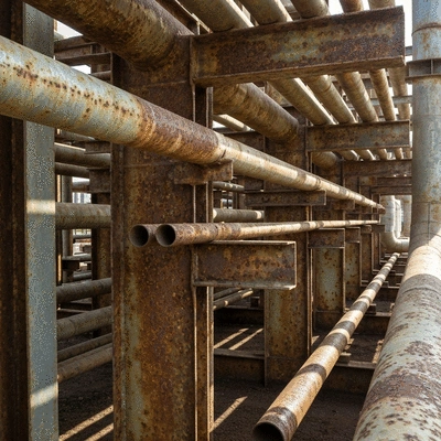 Industrial pipe support in a corrosive environment, showing rust and wear