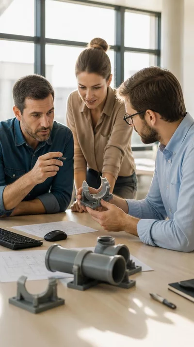 Engineers collaborating on 3D printed pipe support designs, showing teamwork and innovation