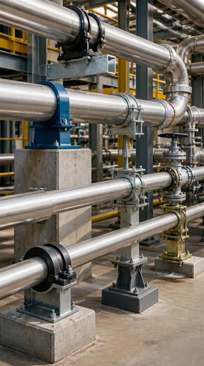 Industrial pipes with various support materials in a factory