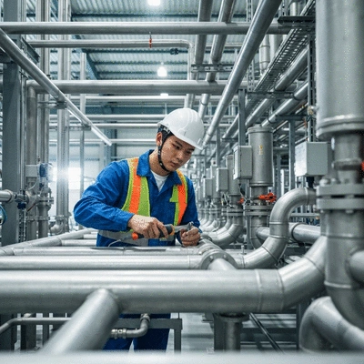 Technician checking industrial pipe network for maintenance